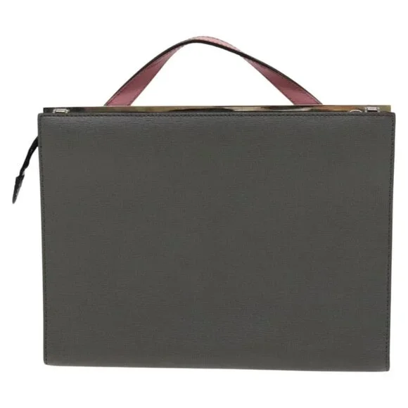FENDI Hand Bag Leather 2way Gray Silver Auth